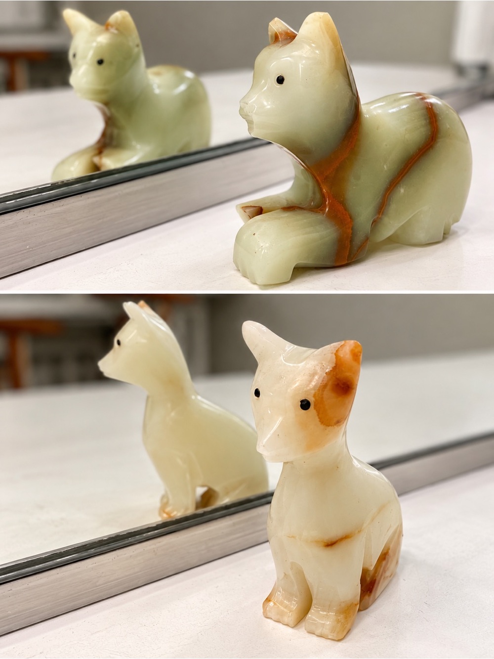Carved Onyx Stone Cat Figurines Pair Cream Green Decor 5 inches
